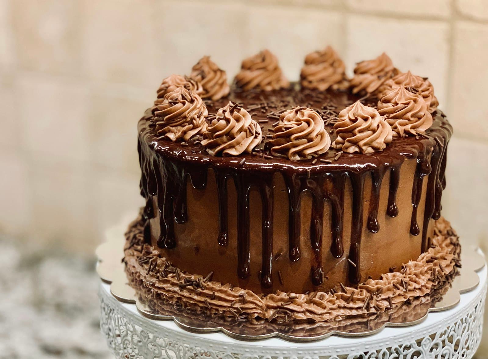 A slice of layered celebration cake